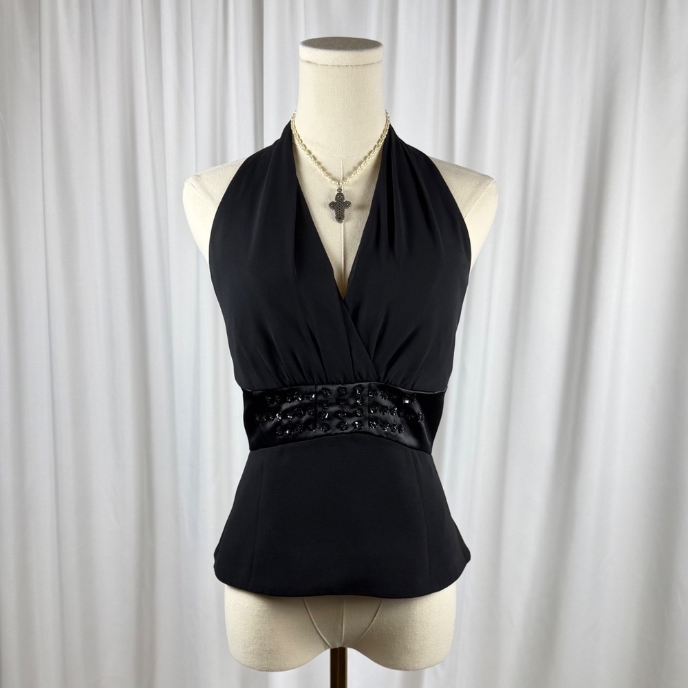 London Times Black Halter Neck Peplum Top Beaded Satin Waist Evening Blouse 4